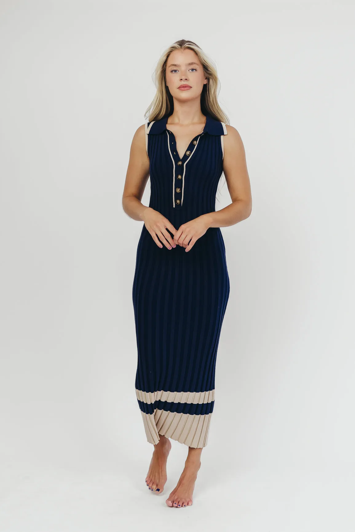 Jovie Sleeveless Ribbed Maxi Dress with Buttons in Navy