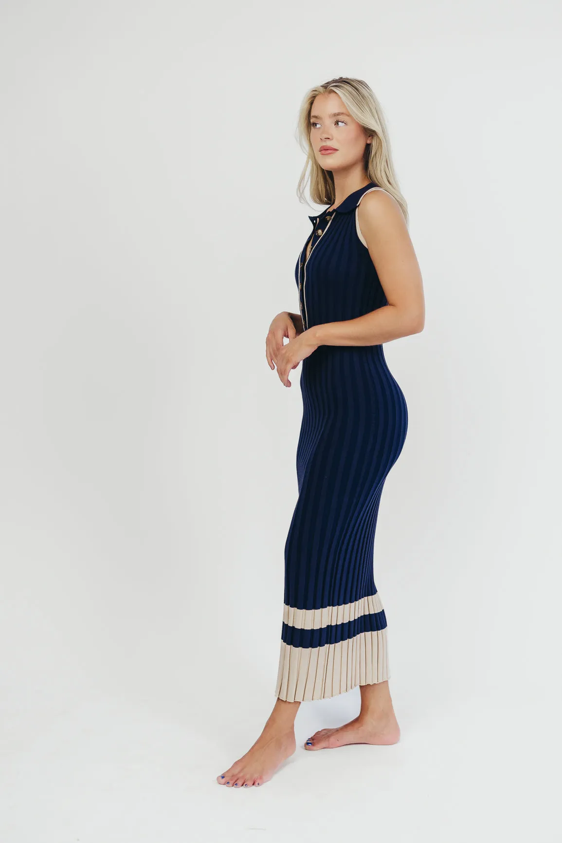 Jovie Sleeveless Ribbed Maxi Dress with Buttons in Navy