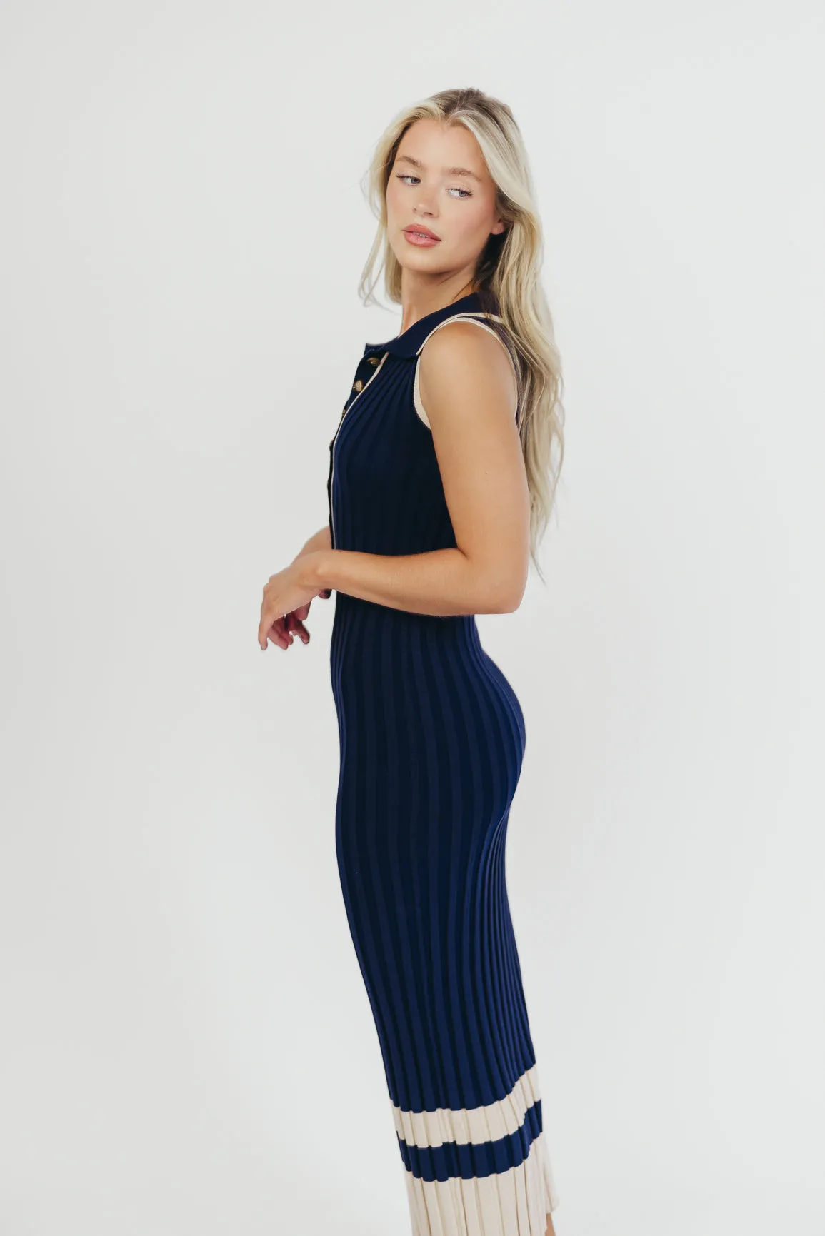 Jovie Sleeveless Ribbed Maxi Dress with Buttons in Navy