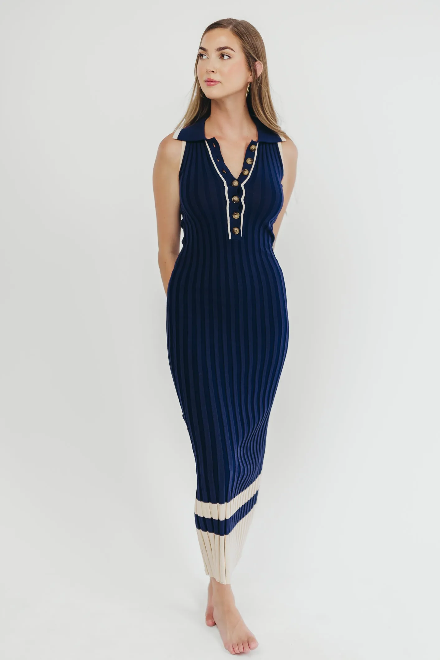 Jovie Sleeveless Ribbed Maxi Dress with Buttons in Navy