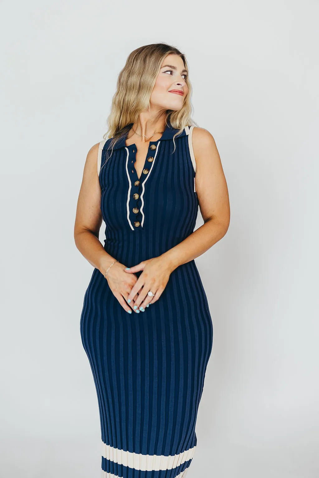 Jovie Sleeveless Ribbed Maxi Dress with Buttons in Navy