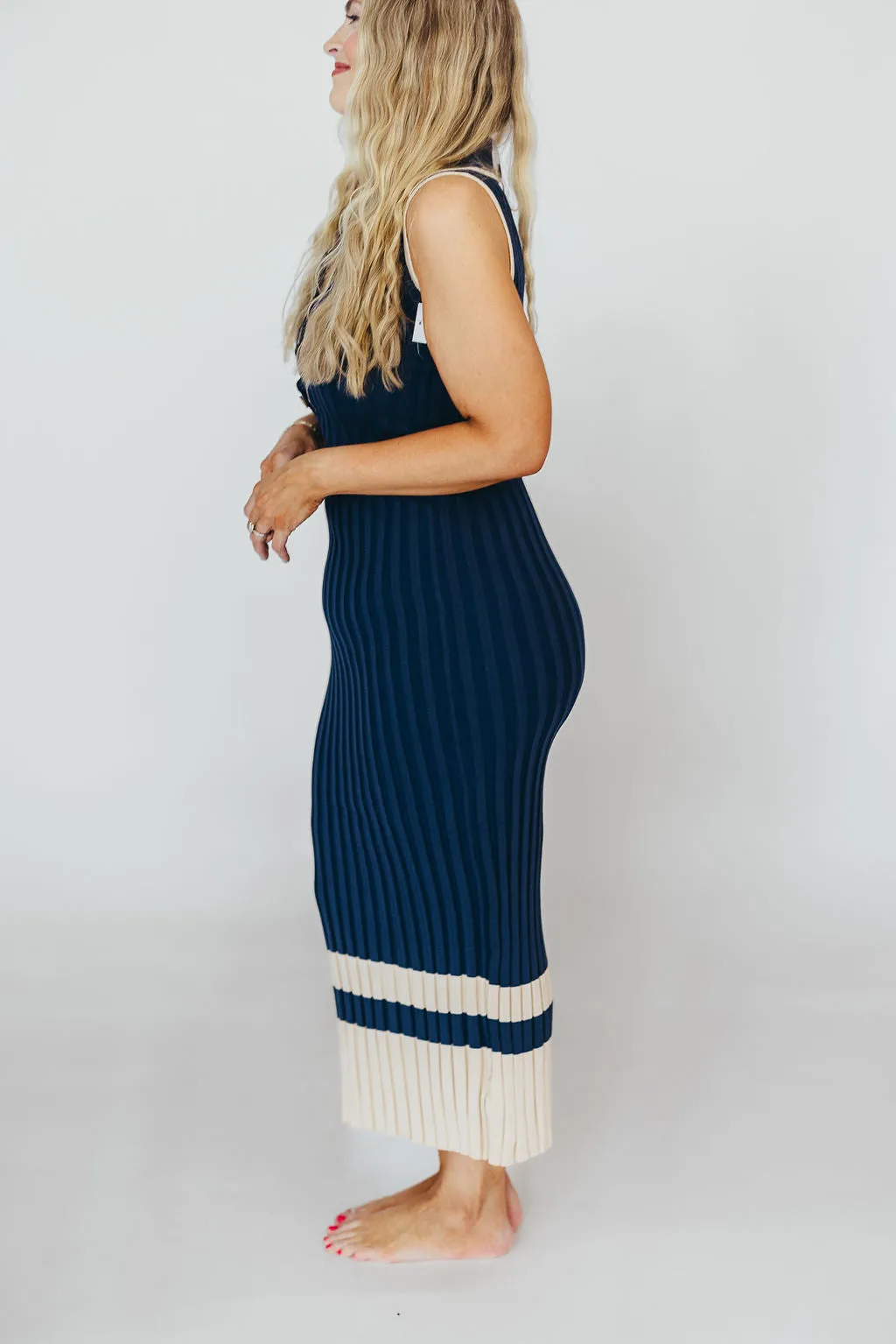 Jovie Sleeveless Ribbed Maxi Dress with Buttons in Navy