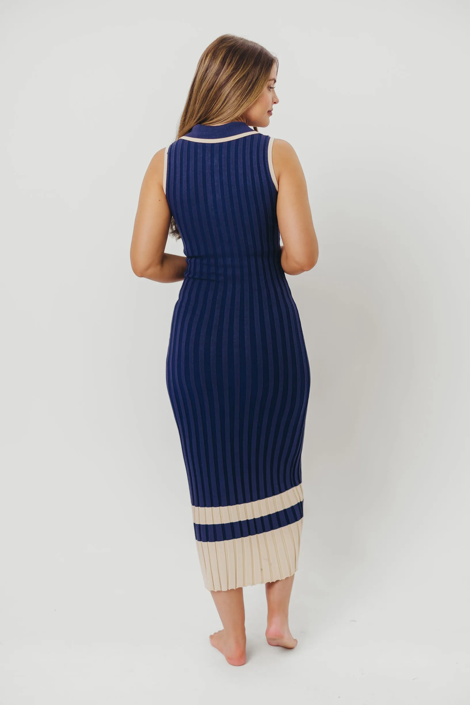 Jovie Sleeveless Ribbed Maxi Dress with Buttons in Navy