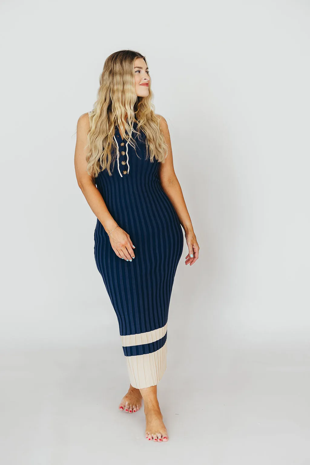 Jovie Sleeveless Ribbed Maxi Dress with Buttons in Navy