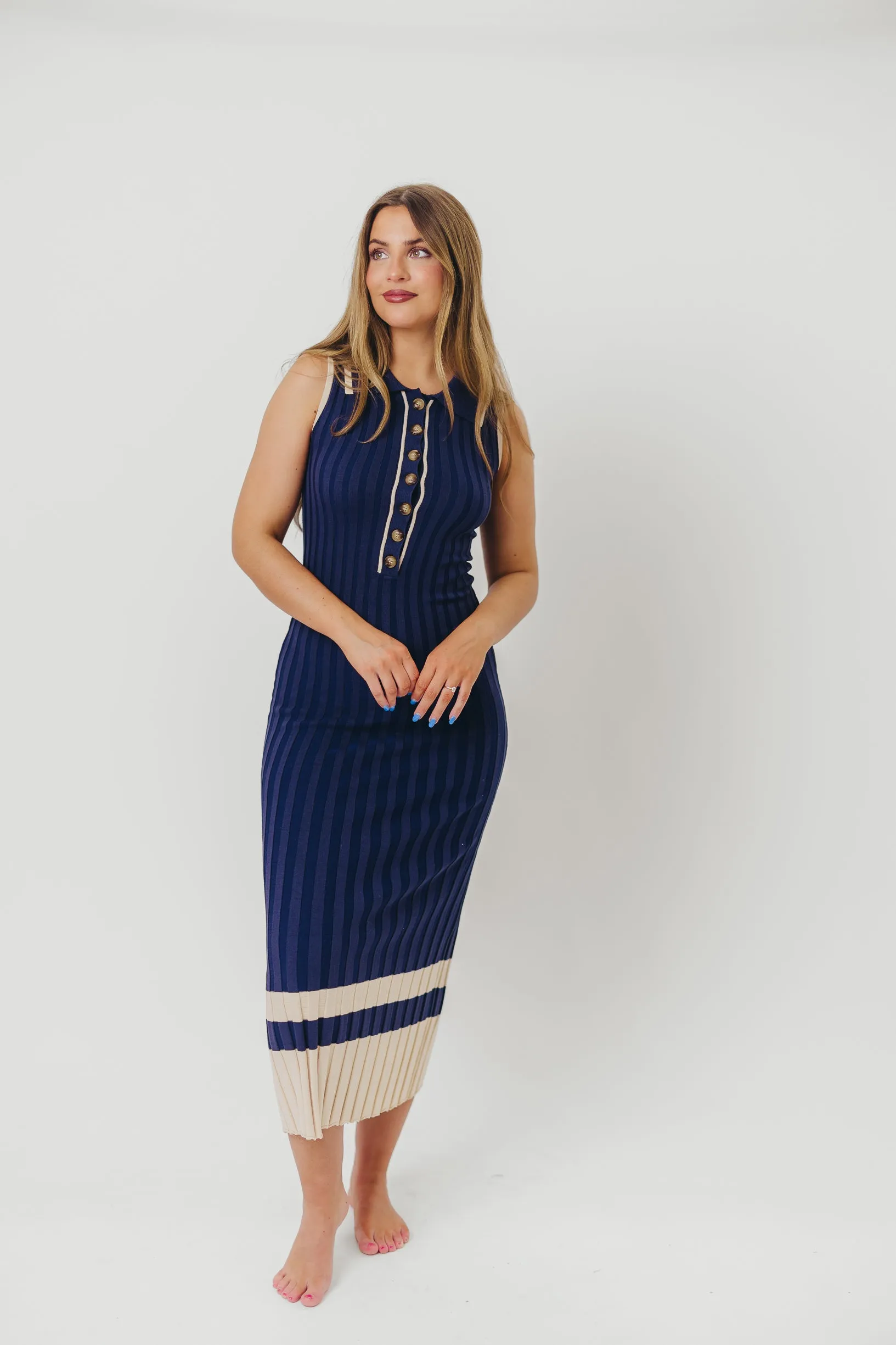 Jovie Sleeveless Ribbed Maxi Dress with Buttons in Navy