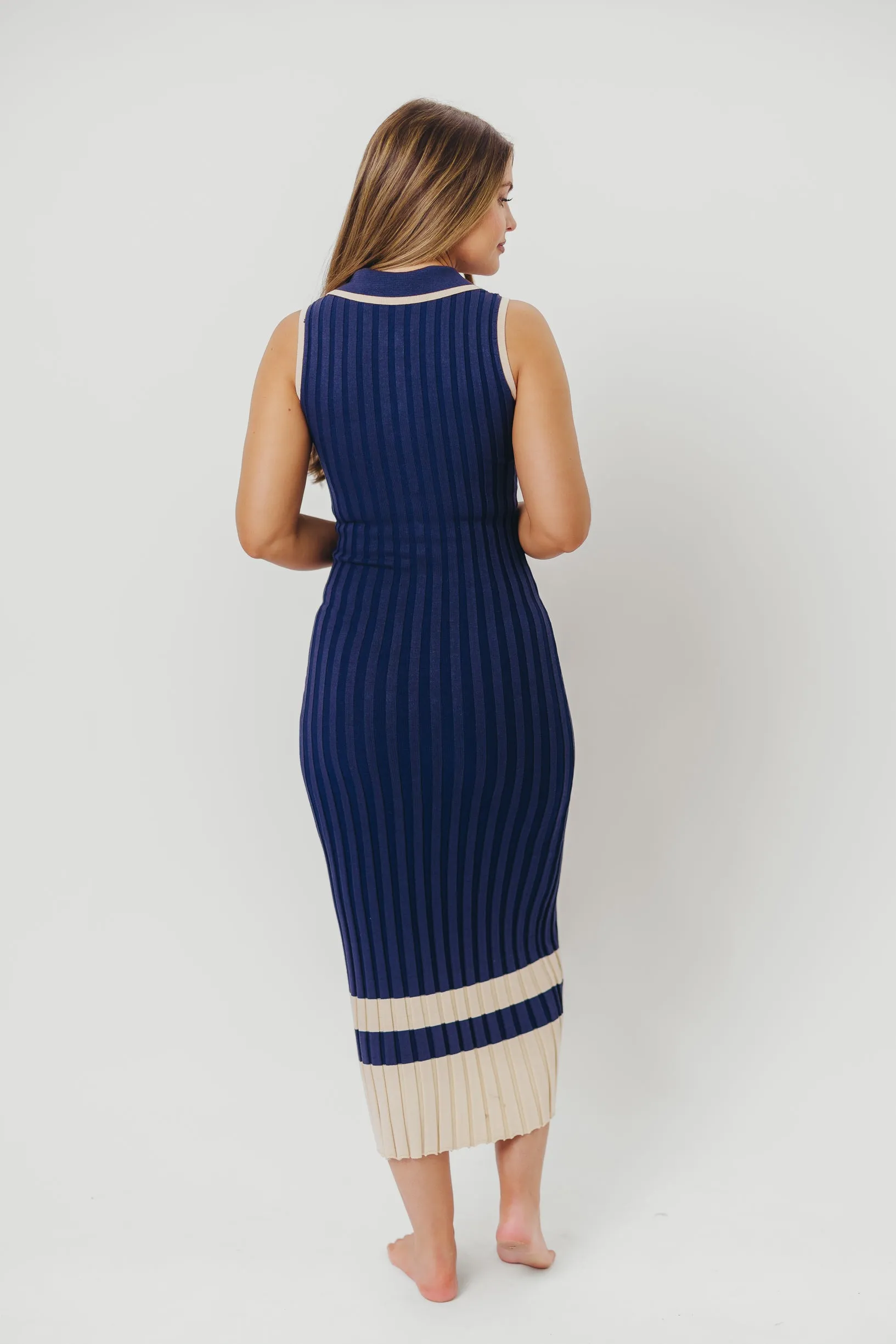 Jovie Sleeveless Ribbed Maxi Dress with Buttons in Navy