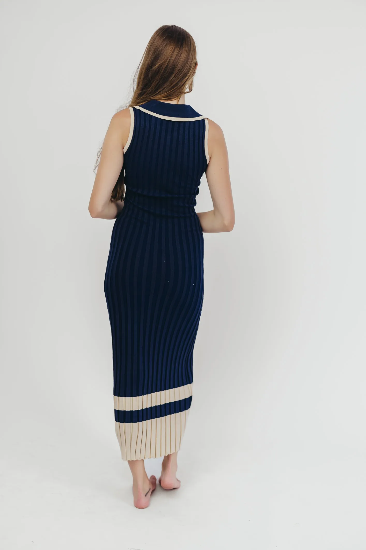Jovie Sleeveless Ribbed Maxi Dress with Buttons in Navy