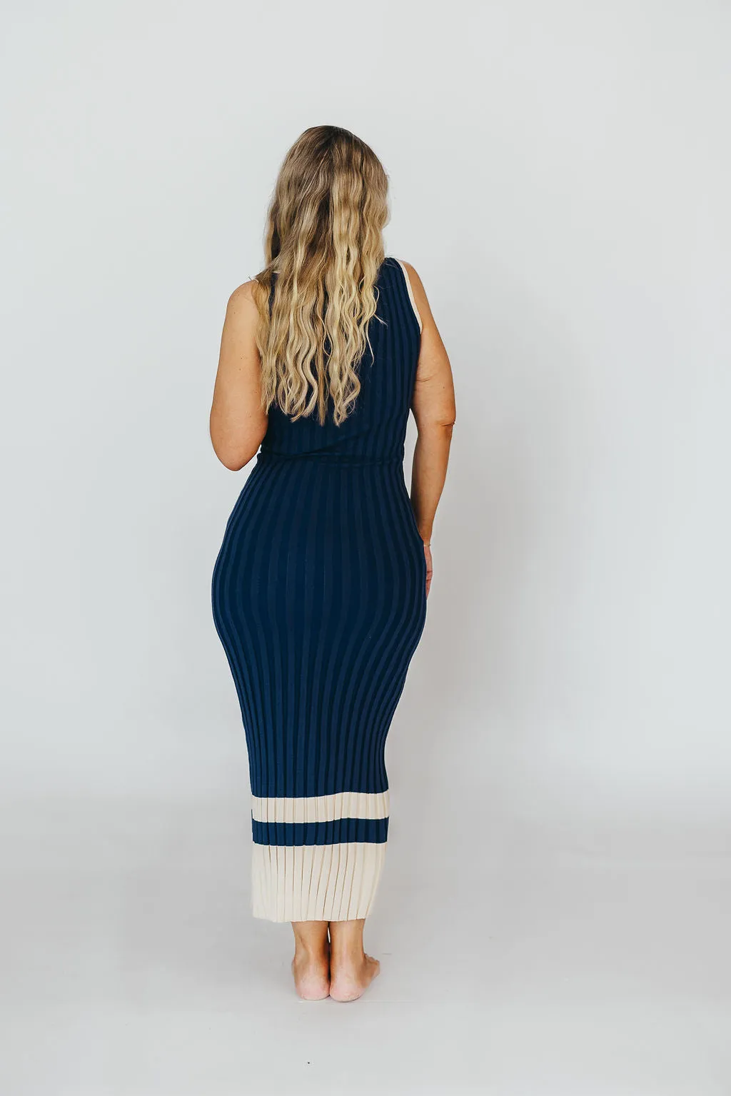 Jovie Sleeveless Ribbed Maxi Dress with Buttons in Navy