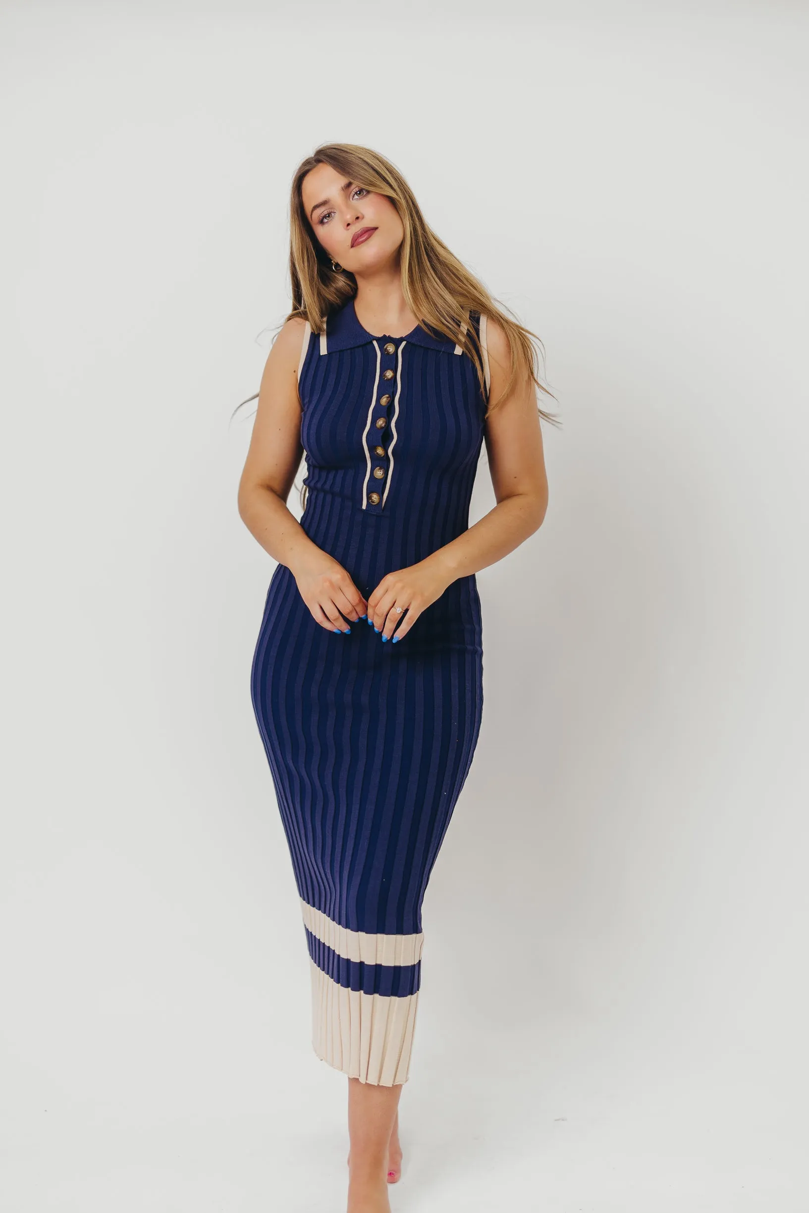 Jovie Sleeveless Ribbed Maxi Dress with Buttons in Navy