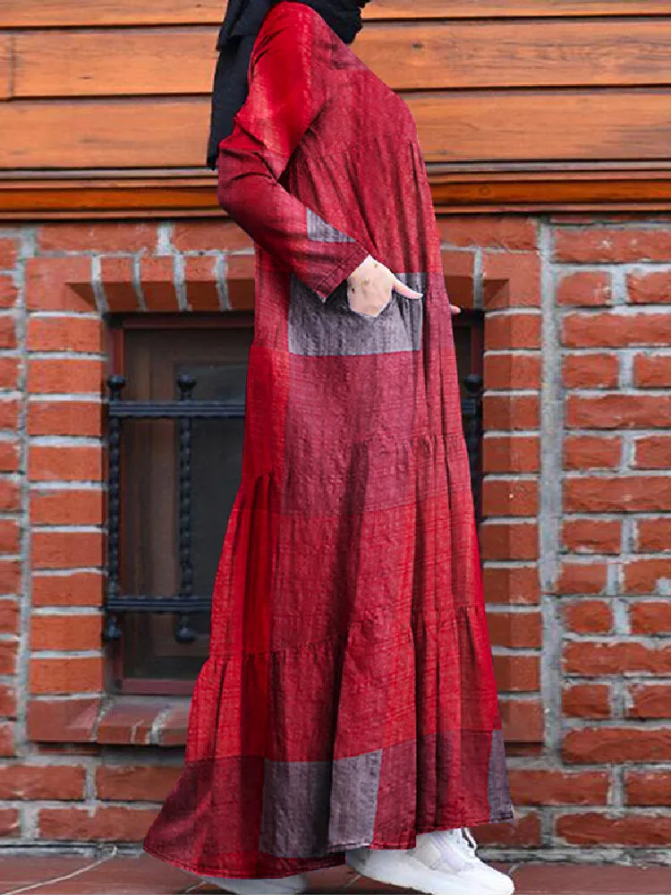 Kaftan Tunic Plaid Print Back Zipper Long Sleeve Maxi Layered Women Maxi Dress