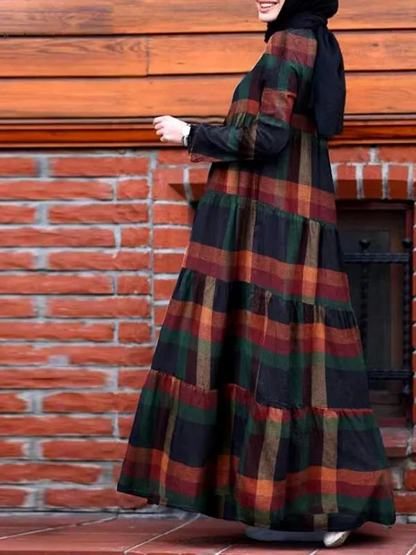 Kaftan Tunic Plaid Print Back Zipper Long Sleeve Maxi Layered Women Maxi Dress