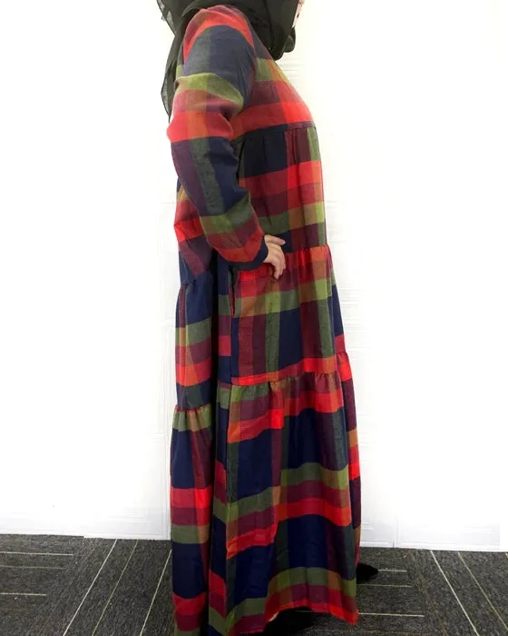 Kaftan Tunic Plaid Print Back Zipper Long Sleeve Maxi Layered Women Maxi Dress