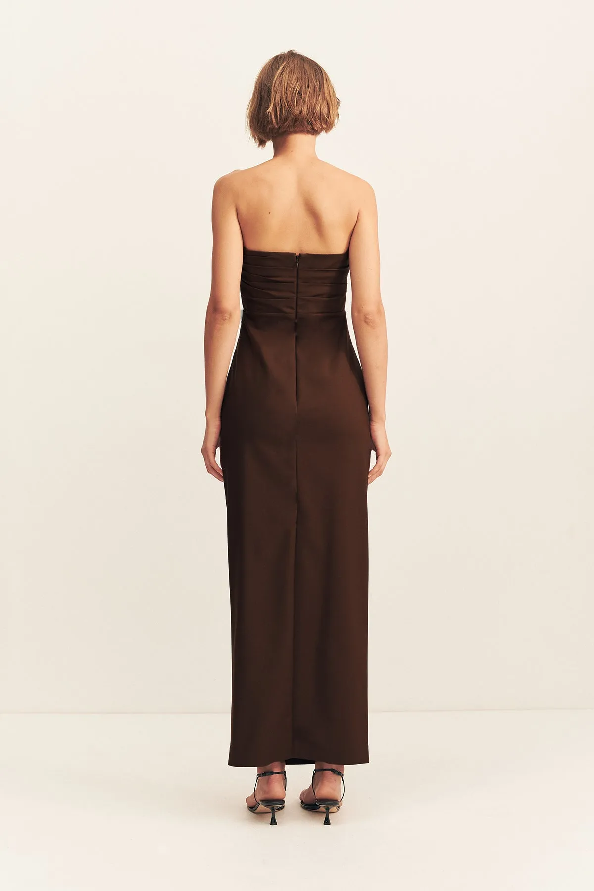 LANI STRAPLESS DRAPED MAXI DRESS - ESPRESSO