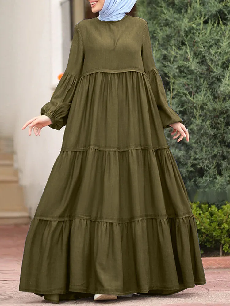Layered Pleats Pure Color Puff Casual Long Sleeve Bohemian Women Maxi Dress