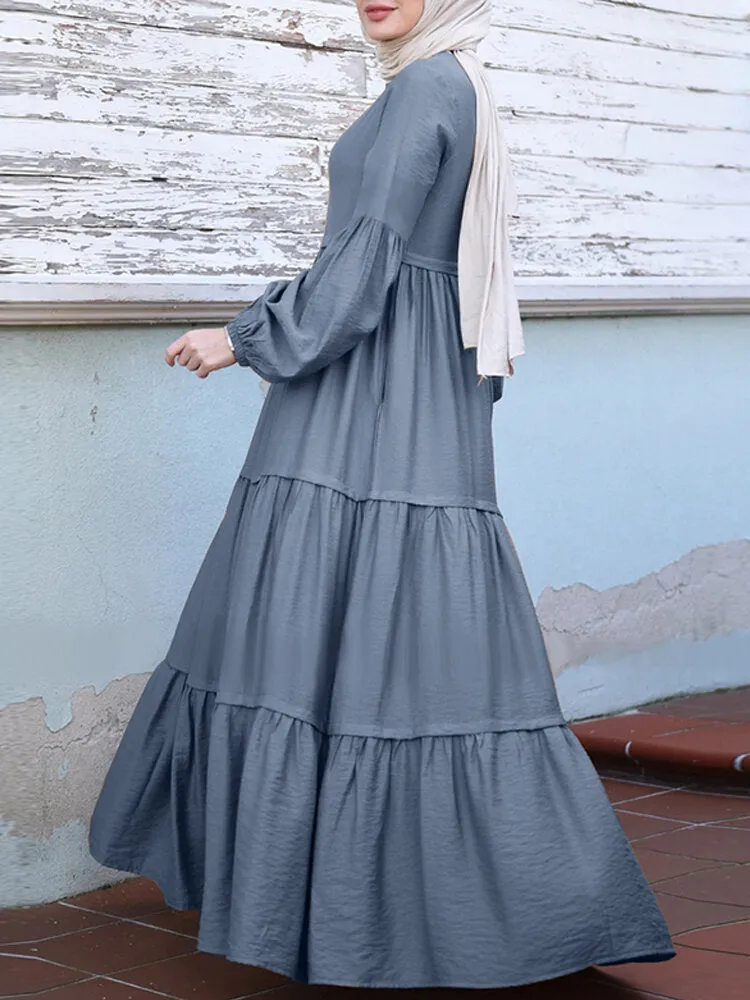 Layered Pleats Pure Color Puff Casual Long Sleeve Bohemian Women Maxi Dress