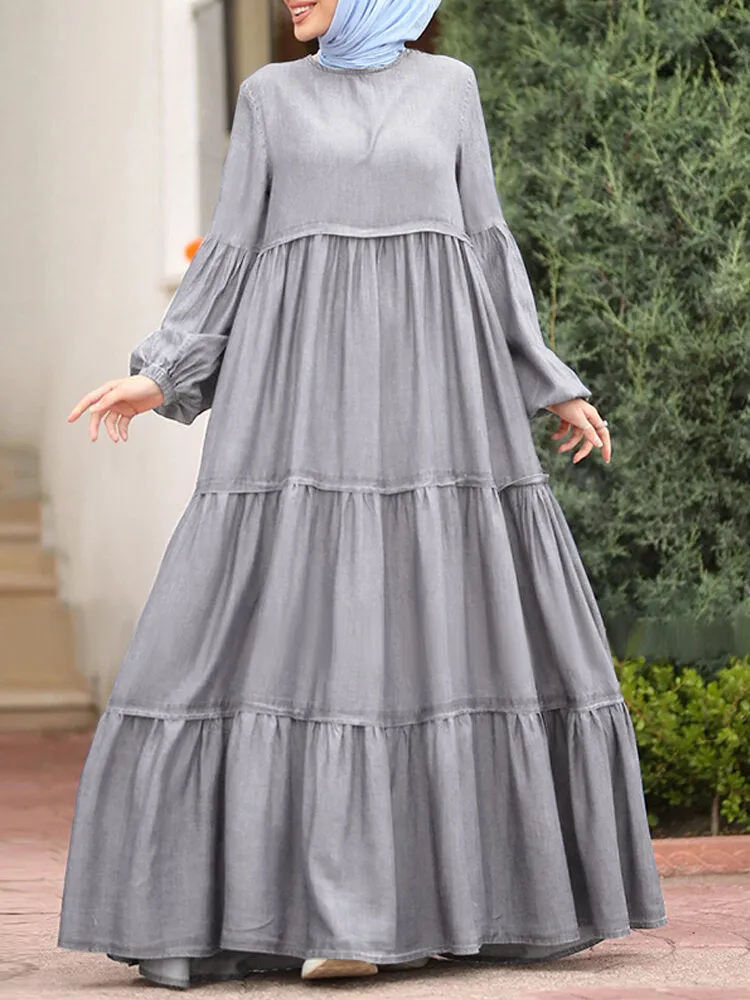 Layered Pleats Pure Color Puff Casual Long Sleeve Bohemian Women Maxi Dress