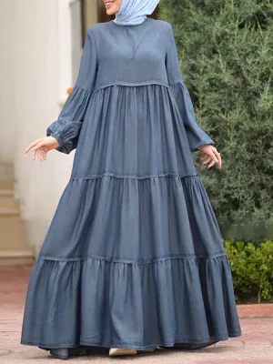 Layered Pleats Pure Color Puff Casual Long Sleeve Bohemian Women Maxi Dress