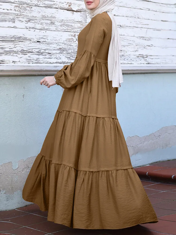 Layered Pleats Pure Color Puff Casual Long Sleeve Bohemian Women Maxi Dress