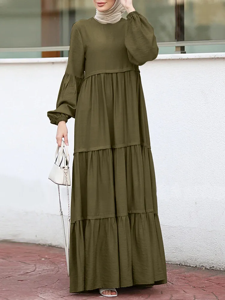Layered Pleats Pure Color Puff Casual Long Sleeve Bohemian Women Maxi Dress