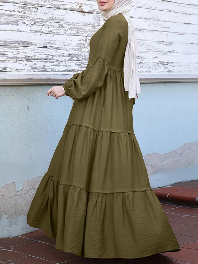 Layered Pleats Pure Color Puff Casual Long Sleeve Bohemian Women Maxi Dress