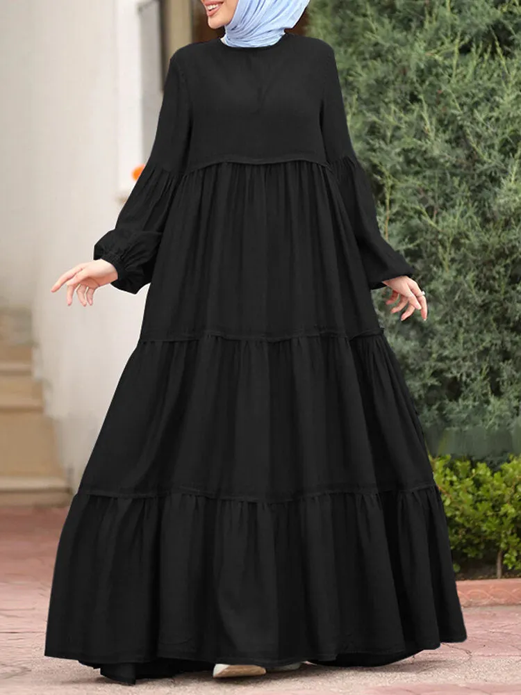 Layered Pleats Pure Color Puff Casual Long Sleeve Bohemian Women Maxi Dress