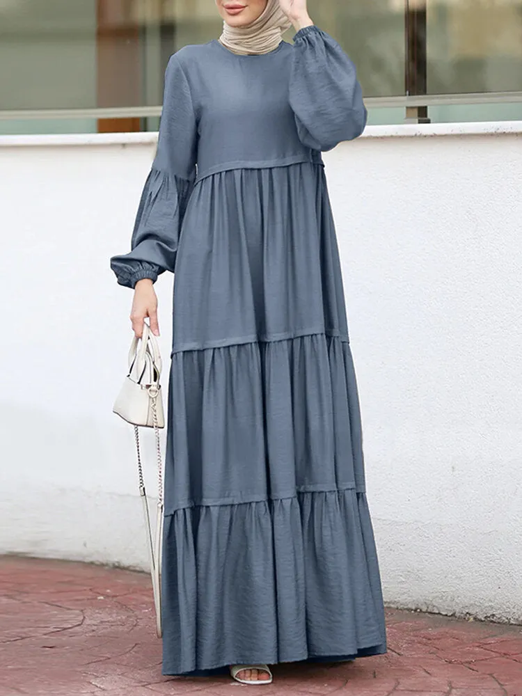 Layered Pleats Pure Color Puff Casual Long Sleeve Bohemian Women Maxi Dress