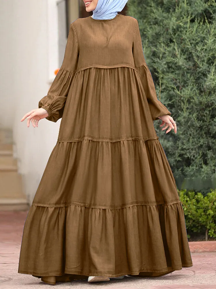 Layered Pleats Pure Color Puff Casual Long Sleeve Bohemian Women Maxi Dress
