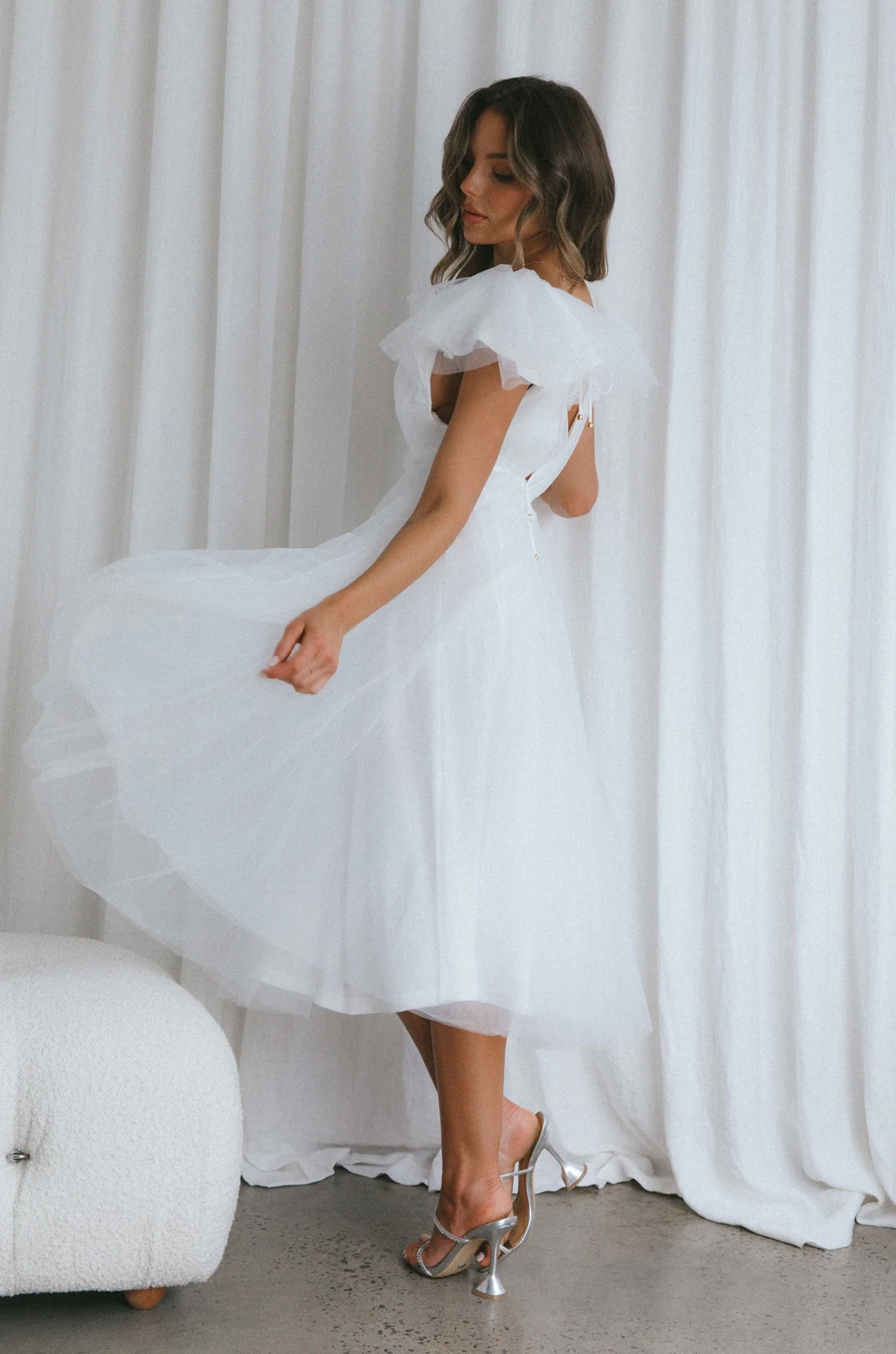 Leap Of Faith Frill Shoulder Tulle Midi Dress White