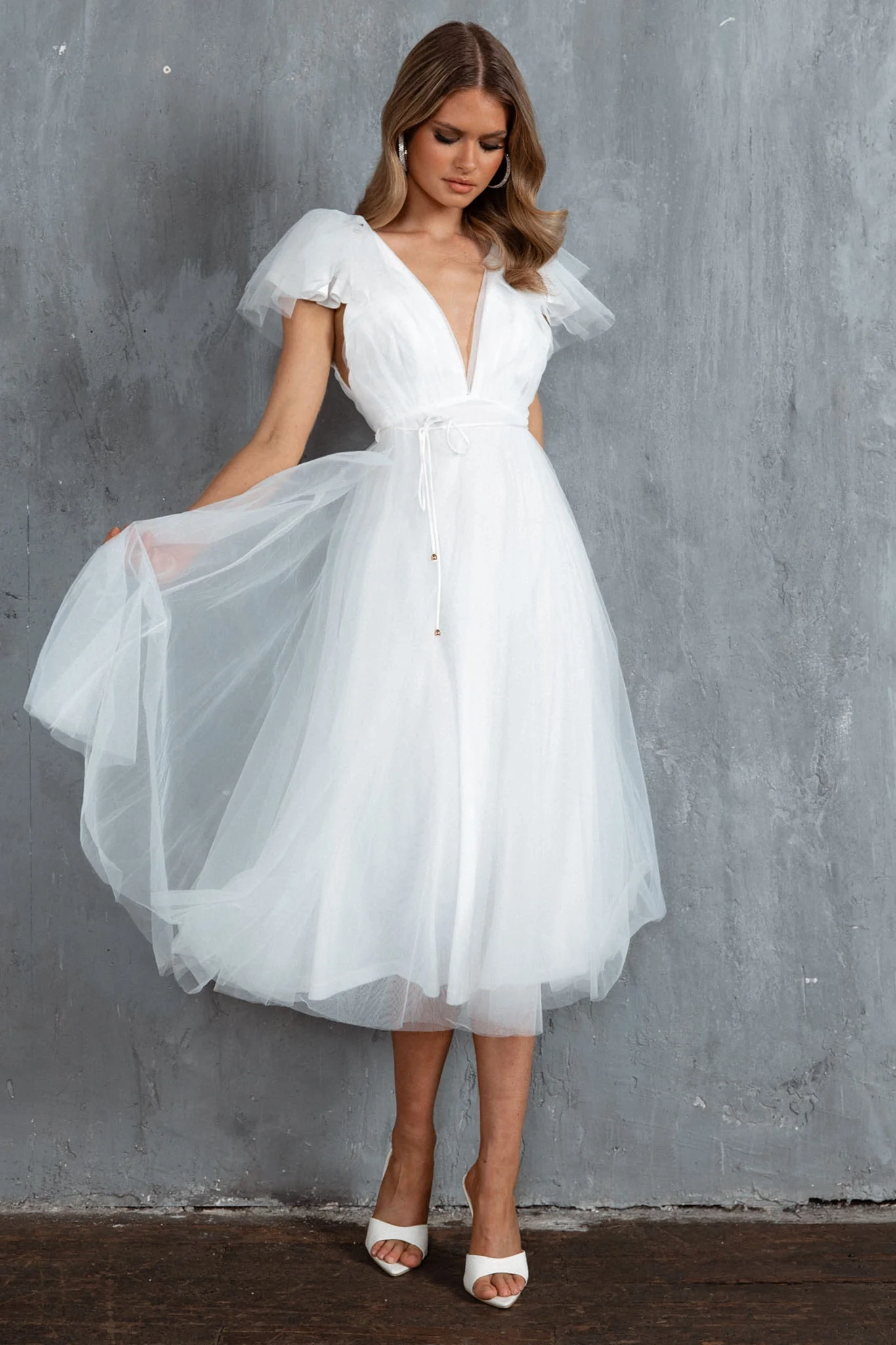 Leap Of Faith Frill Shoulder Tulle Midi Dress White