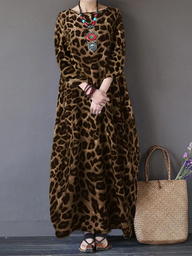 Leopard Print Crew Neck Loose Baggy Women Maxi Dress