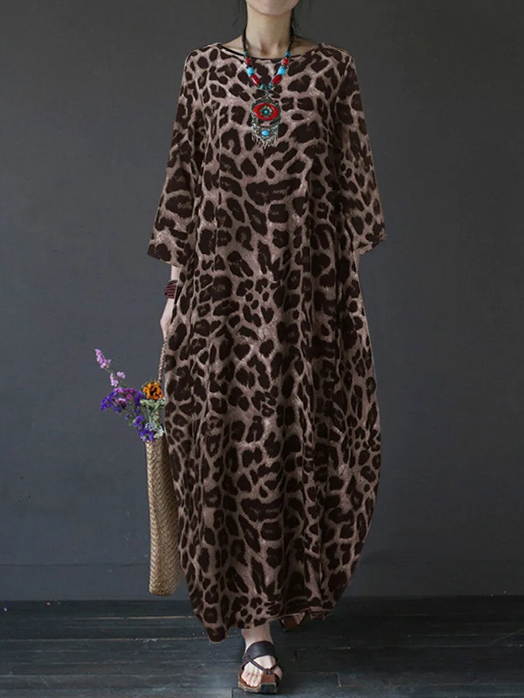 Leopard Print Crew Neck Loose Baggy Women Maxi Dress