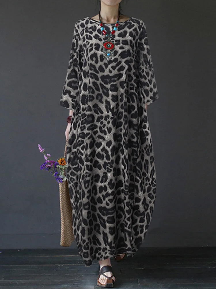 Leopard Print Crew Neck Loose Baggy Women Maxi Dress