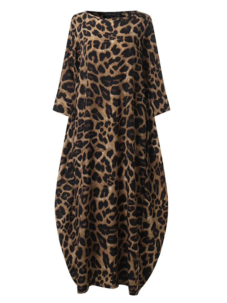 Leopard Print Crew Neck Loose Baggy Women Maxi Dress