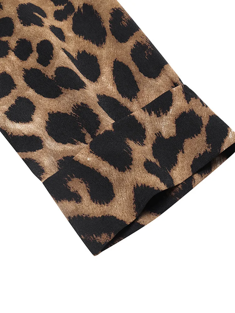 Leopard Print Crew Neck Loose Baggy Women Maxi Dress