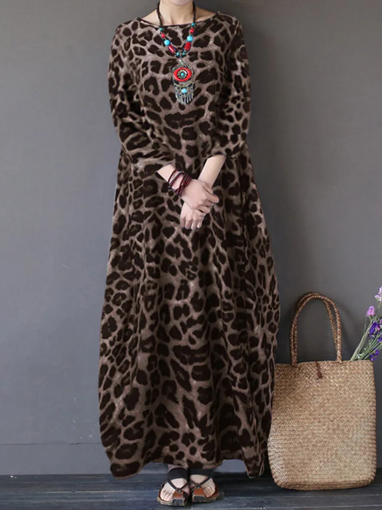 Leopard Print Crew Neck Loose Baggy Women Maxi Dress
