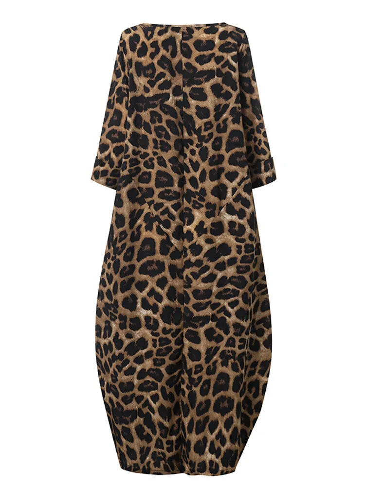Leopard Print Crew Neck Loose Baggy Women Maxi Dress