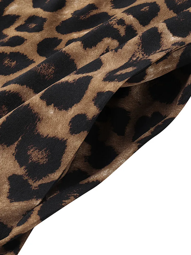 Leopard Print Crew Neck Loose Baggy Women Maxi Dress