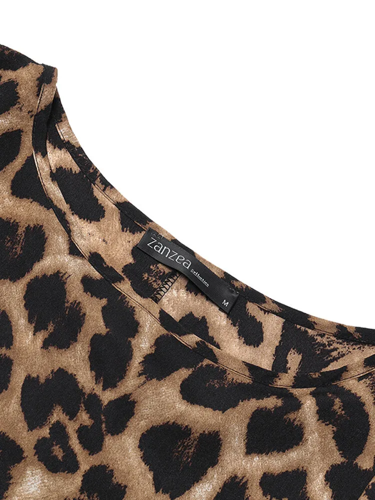 Leopard Print Crew Neck Loose Baggy Women Maxi Dress