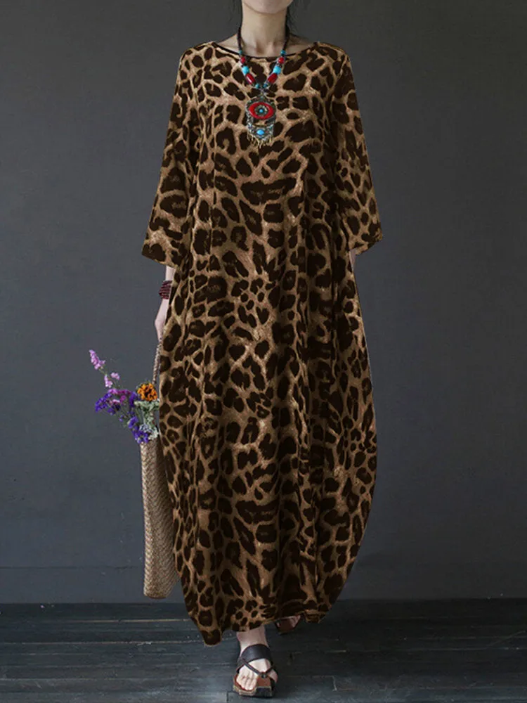 Leopard Print Crew Neck Loose Baggy Women Maxi Dress