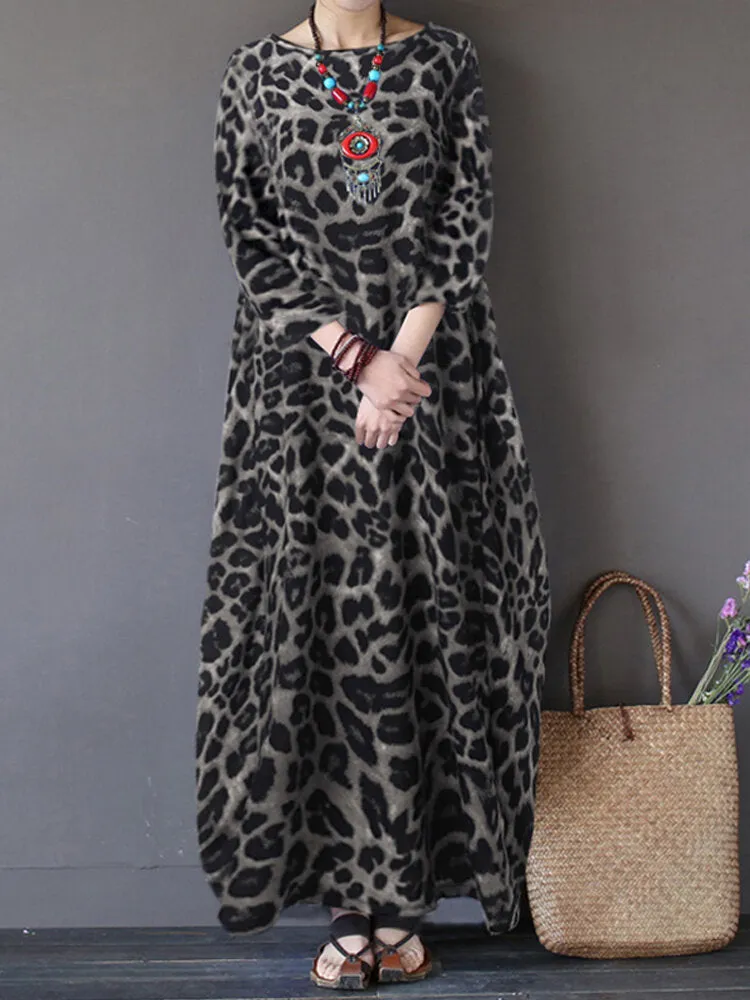 Leopard Print Crew Neck Loose Baggy Women Maxi Dress