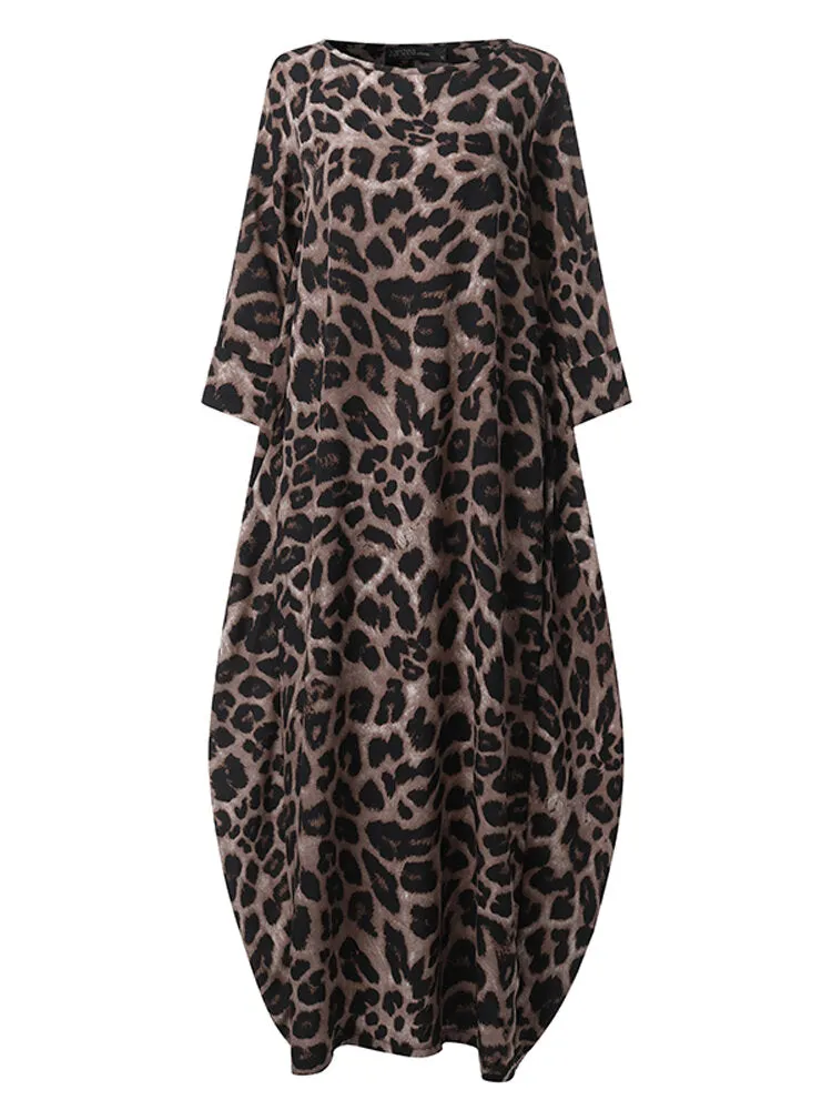 Leopard Print Crew Neck Loose Baggy Women Maxi Dress