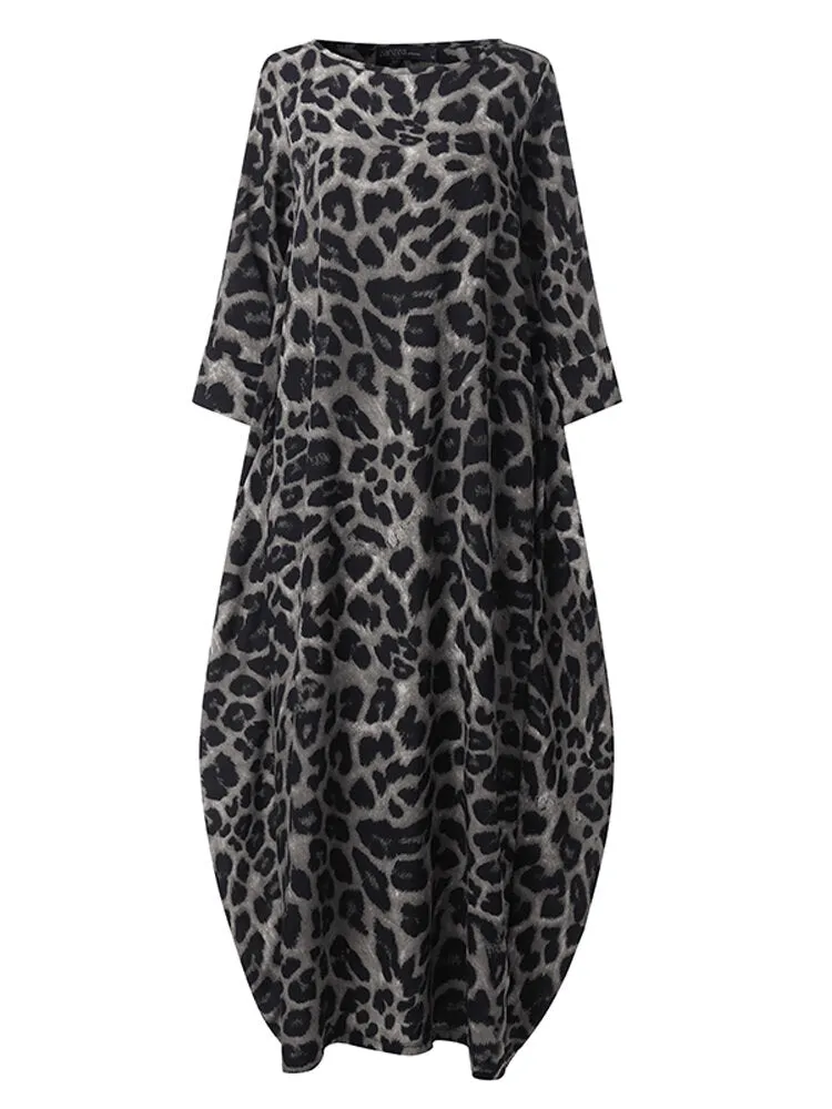 Leopard Print Crew Neck Loose Baggy Women Maxi Dress