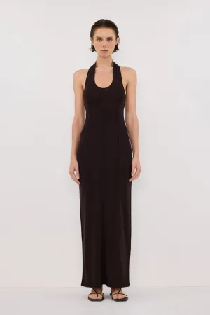 LISS BITTER CHOC HALTER MAXI DRESS