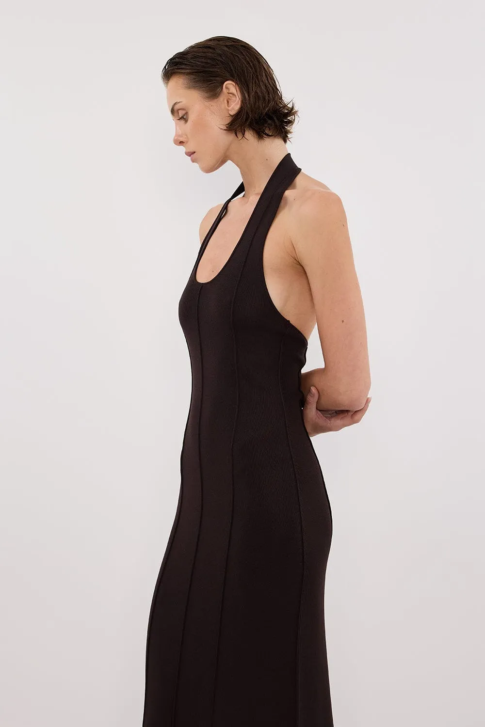 LISS BITTER CHOC HALTER MAXI DRESS