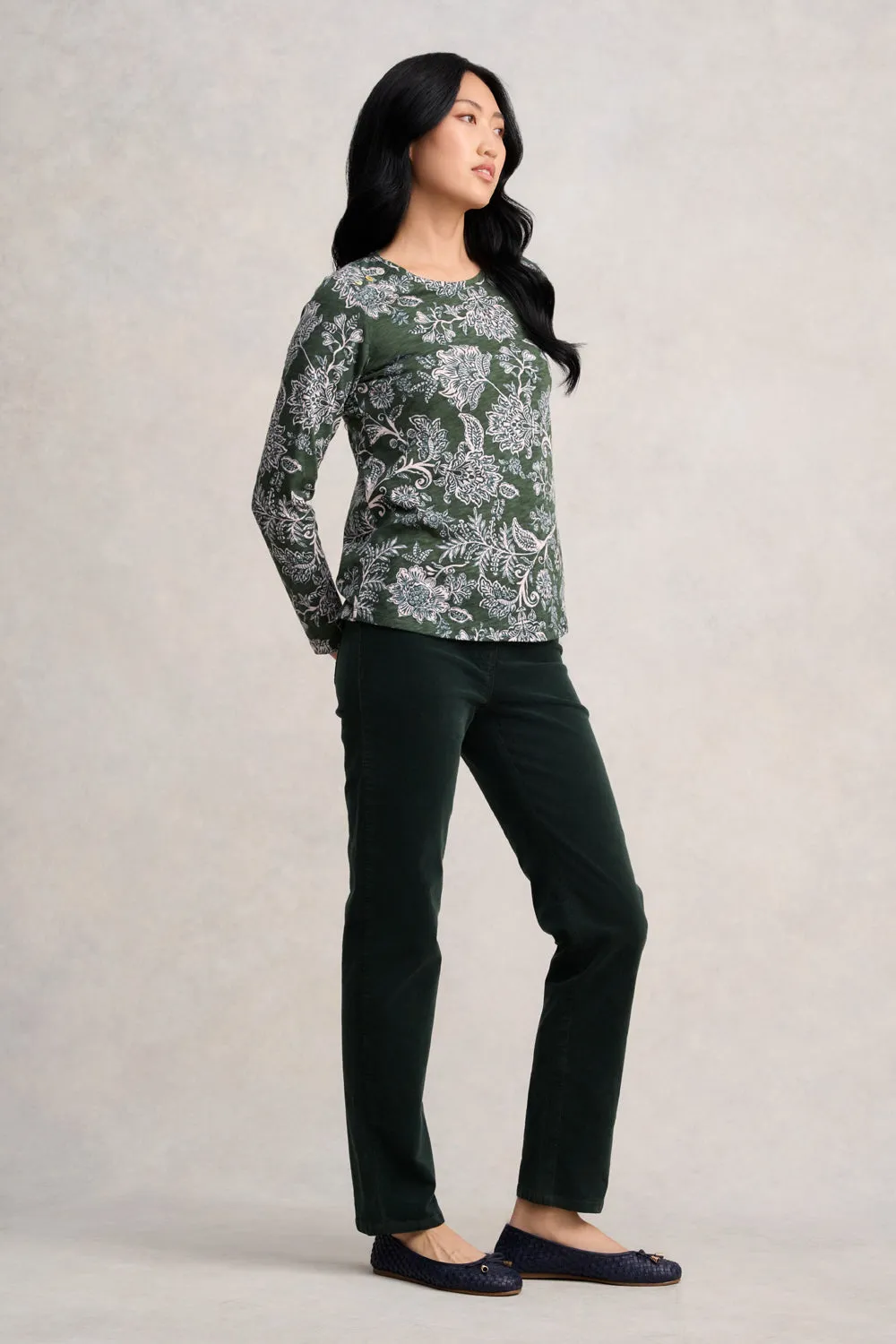Long Sleeve Button Detail T-Shirt - Forest Green Paisley