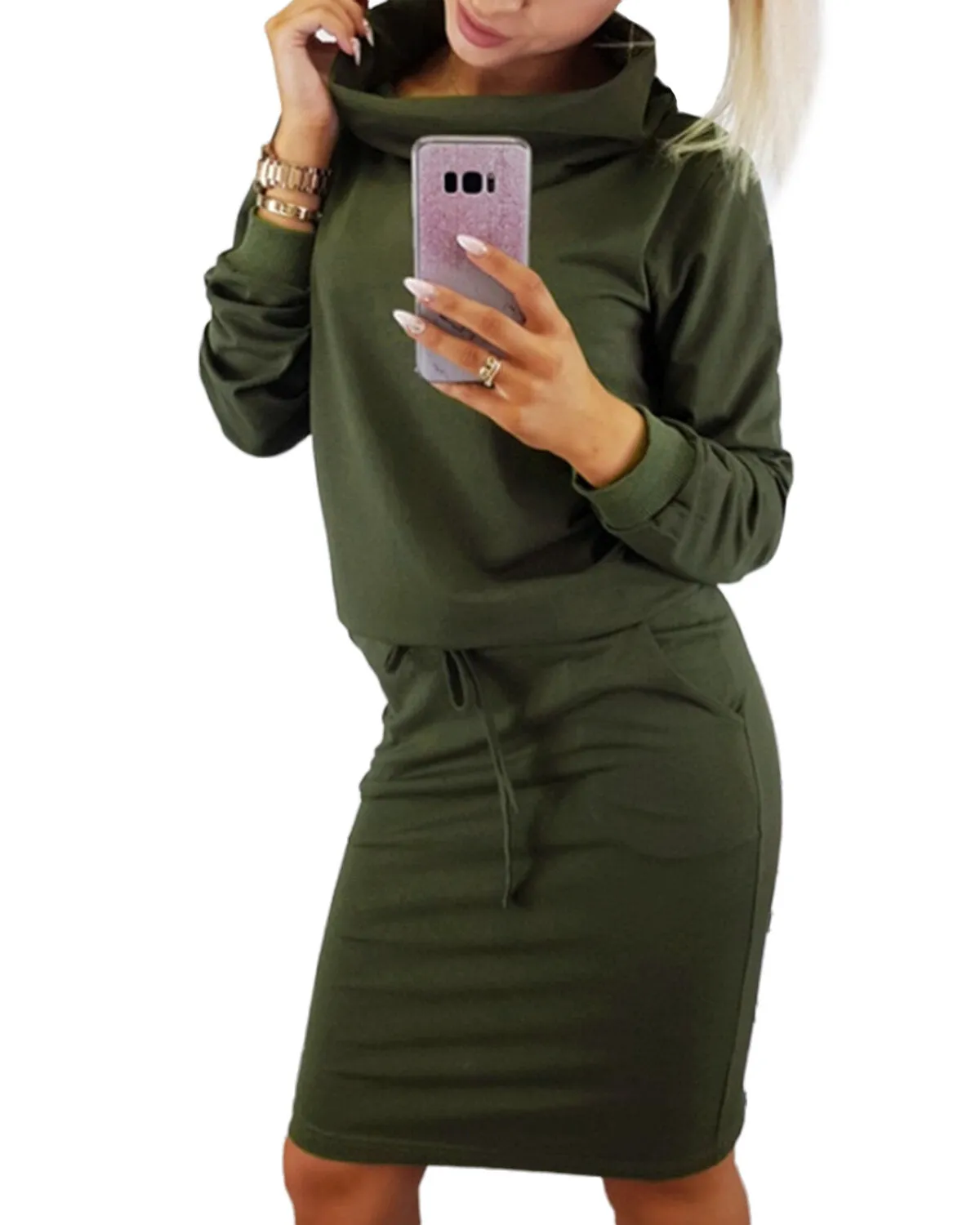 Long Sleeve Turtleneck Solid Sweatshirt Pure Color Bodycon Women Midi Dress