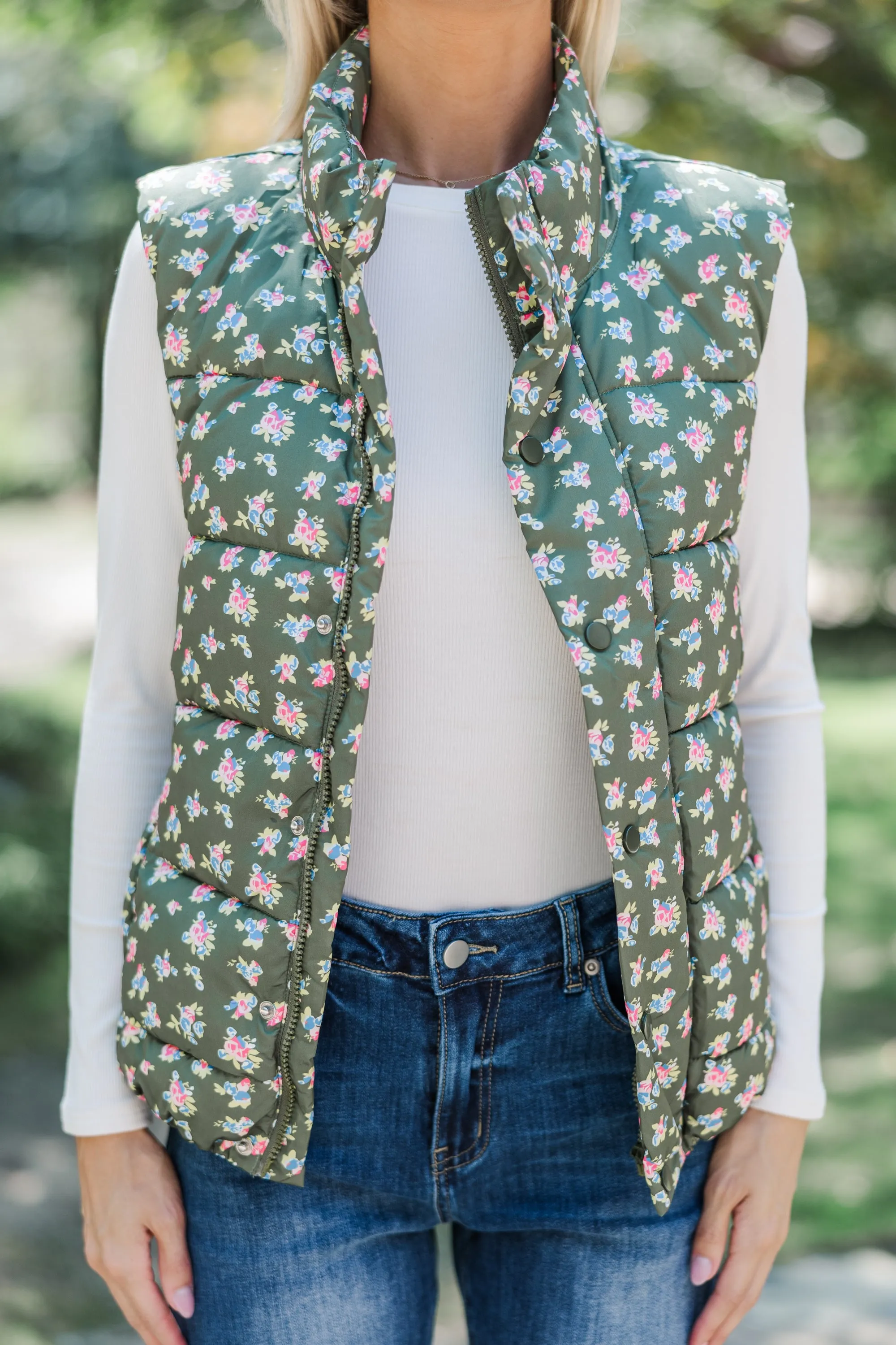 Long Time Coming Olive Green Ditsy Floral Vest