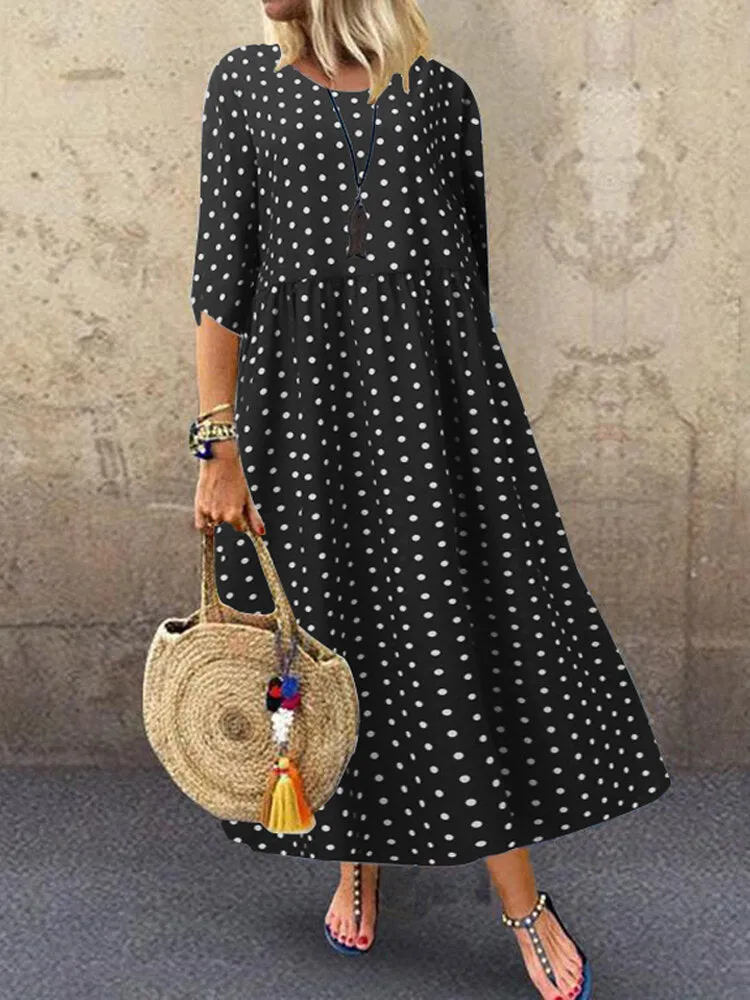Loose O-neck Polka Dot 3/4 Sleeve Women Maxi Dress