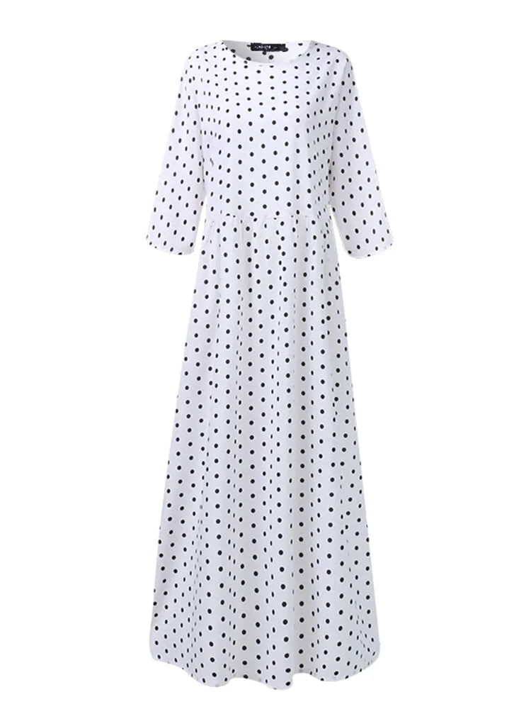 Loose O-neck Polka Dot 3/4 Sleeve Women Maxi Dress