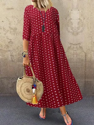Loose O-neck Polka Dot 3/4 Sleeve Women Maxi Dress